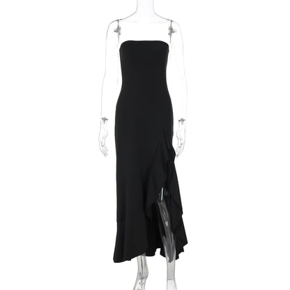 Women Clothing Summer Solid Color Sexy Split Maxi Dress Tube Top Dress Women