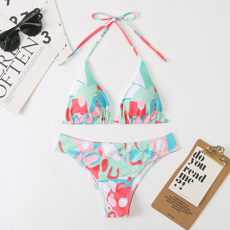 Women Split Sexy Digital Printing Lace up Bikini Swimsuit Swimwear Beach Swimwear