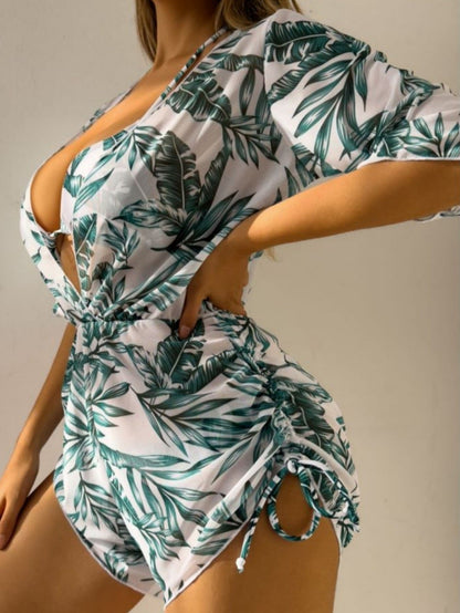 Three Piece Bikini Leaves Printed Waist Controlled Lace up Long Sleeve Beach Anti Ddos Swimsuit