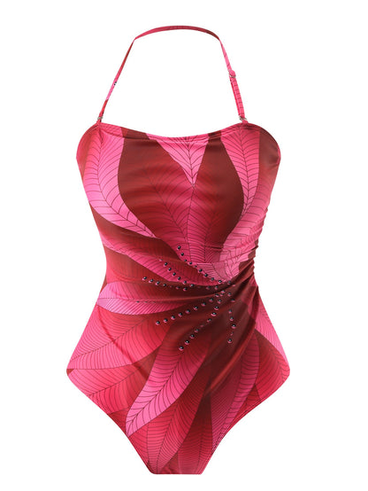 Conservative Swimsuit Digital Printed Belly Covered Halter Gauze Swimsuit for Women