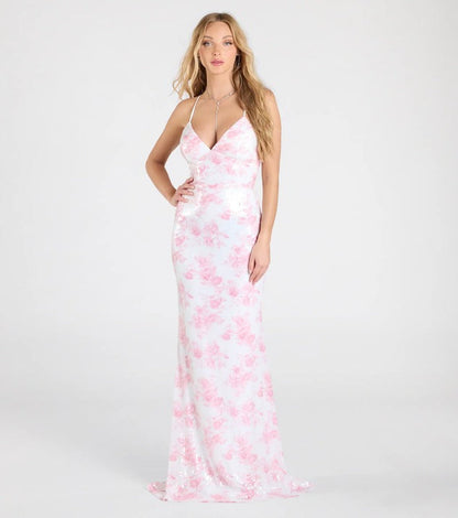 Women Clothing Party Floral Pink Sequin Sexy Dress Dress Evening Dress