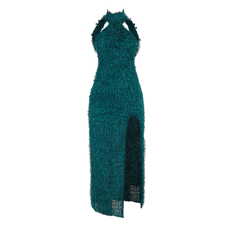 Halter Fur Texture Split Backless Dress Women Sexy Slim Fit Hip