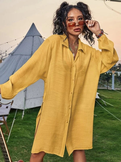 Cotton Long Sleeved Shirt Beach Cover up Vacation Sun Protection Shirt Bikini Swimsuit Outwear Cardigan