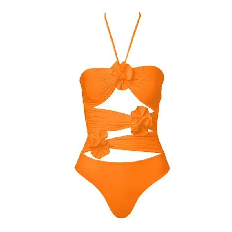 Lonkey Swimsuit Solid Color Hollow Out Cutout Mesh Bag Hip Skirt Floral Sexy Swimsuit