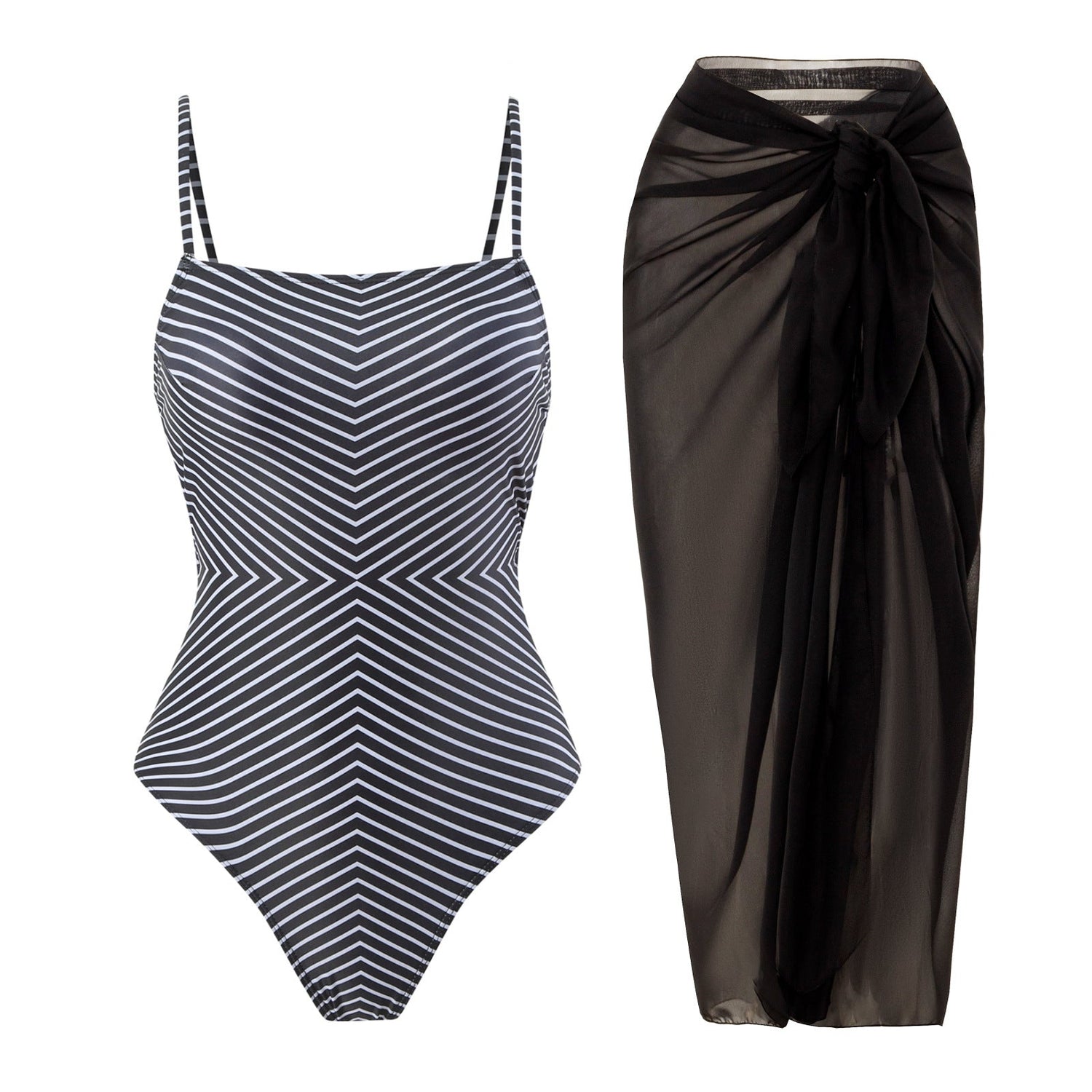 Sexy One Piece Swimsuit Women Bikini Striped Printed Gauze Skirt Swimsuit Bikini