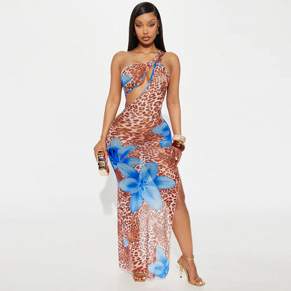 Women Clothing Diagonal Collar Hollow Out Cutout out See through Mesh Floral Print Dress