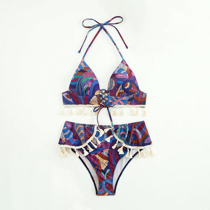 Printed Brazilian Ethnic Halter Lace up Tassel Bikini Women Swimsuit
