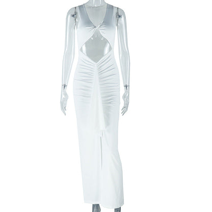 Women Clothing Solid Color Dress Sexy Hollow Out Cutout out Camisole Ribbon Dress