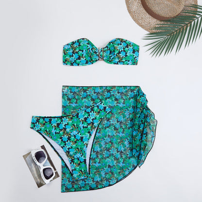Swimsuit Women Split Three Piece Printed Metal U Shaped Bikini Bikini Bikini Swimsuit