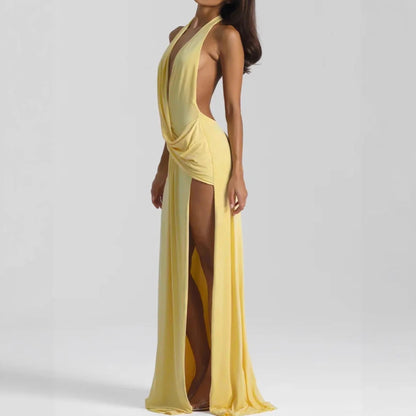 Women Deep V Plunge neck Lace up Backless Sexy Streamers Dress Sexy Maxi Dress
