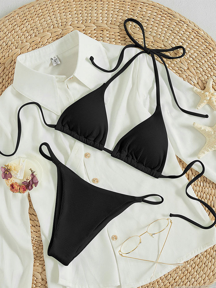 Printing Halter Spaghetti Straps Sexy Bikini Pleated Lace up Triangle Spring Split Swimsuit