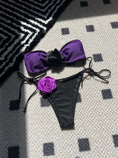 Color Matching Rose Tube Top Lace up Drawstring Strap Split Swimsuit Bikini
