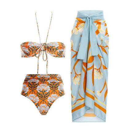 Printed High Waist Split Swimsuit Women Halter Banded Bikini Yarn Skirt Set