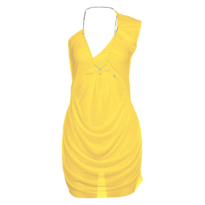 Summer Women Clothing Sexy Solid Color Hollow Out Cutout One Shoulder V neck Short Dress