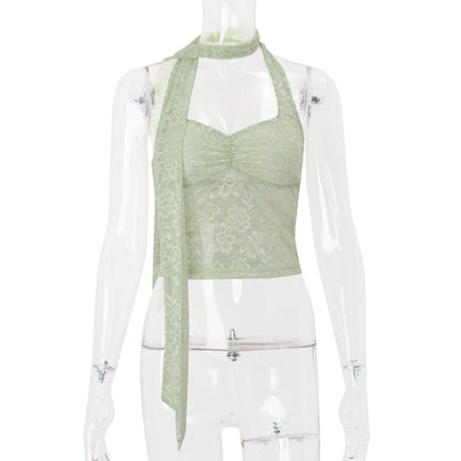 Women Clothing Summer Sexy Lace See through Decorative Ribbon Short Halterneck Vest Top