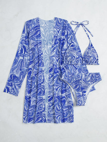 Three Piece Swimsuit Swimsuit Blue White Porcelain Color Series Large Coat Bikini Women