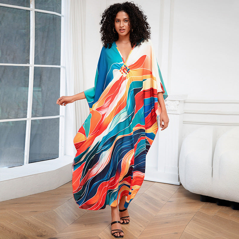 Positioning Print Holiday Loose plus Size Robe Beach Cover up Dress Bikini Cover-up Women&
