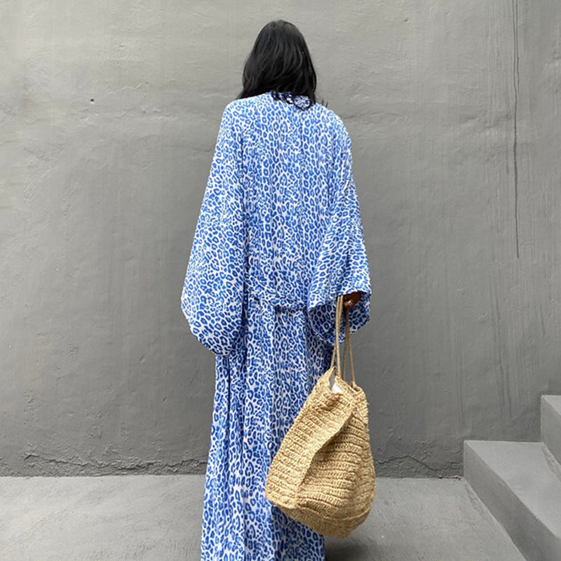 Leopard Print Long Cardigan Loose Beach Sun Protection Coat Beach Cover Up Swimsuit Outwear Women