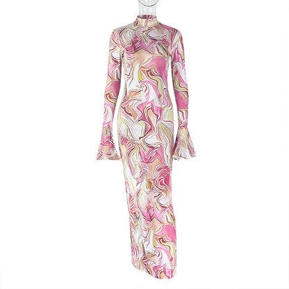 Slim Fit Slimming Women Printed Hip Home Comfortable Stand Collar Long Sleeve Length Dress
