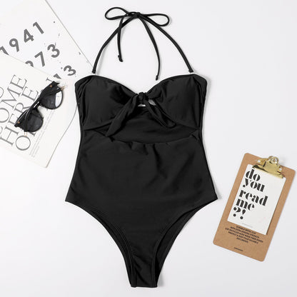 Lady Sexy Sling Triangle One Piece Bikini Swimsuit Solid Color Printing Swimsuit
