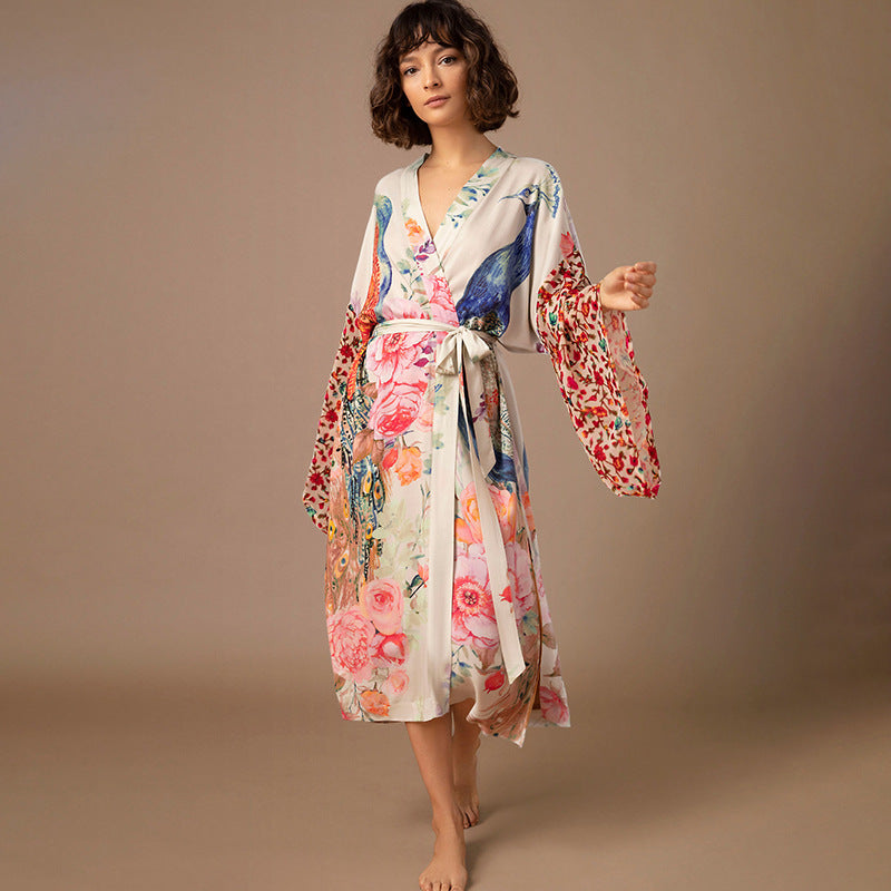Peacock Positioning Printed Sunscreen Cardigan Seaside Vacation Baggy Coat Beach Cover Up Swimsuit Outwear Women