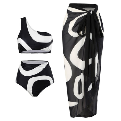 Retro Split Swimsuit Sexy One Shoulder Swimwear Chiffon Beach Skirt Set