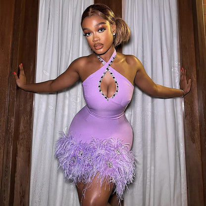Sexy Halter Diamond Feather Stretch Bandage One Piece Dress Party Dress