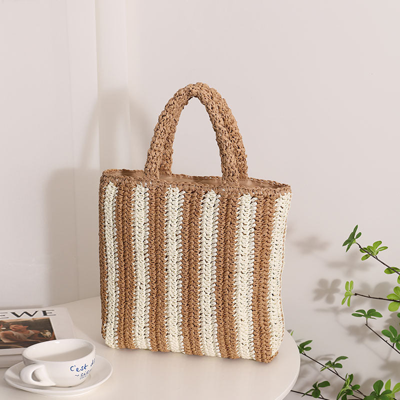 Vertical Stripes French Straw Bag Portable Contrast Color Straw Bag Woven Bag Women&