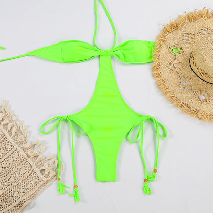 Sexy Lace Up One Piece Swimsuit Women Halter Design Swimsuit