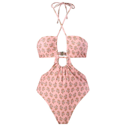 Sexy Double Sided One Piece Swimsuit Pleated Halter Bikini Suit Chiffon Dress