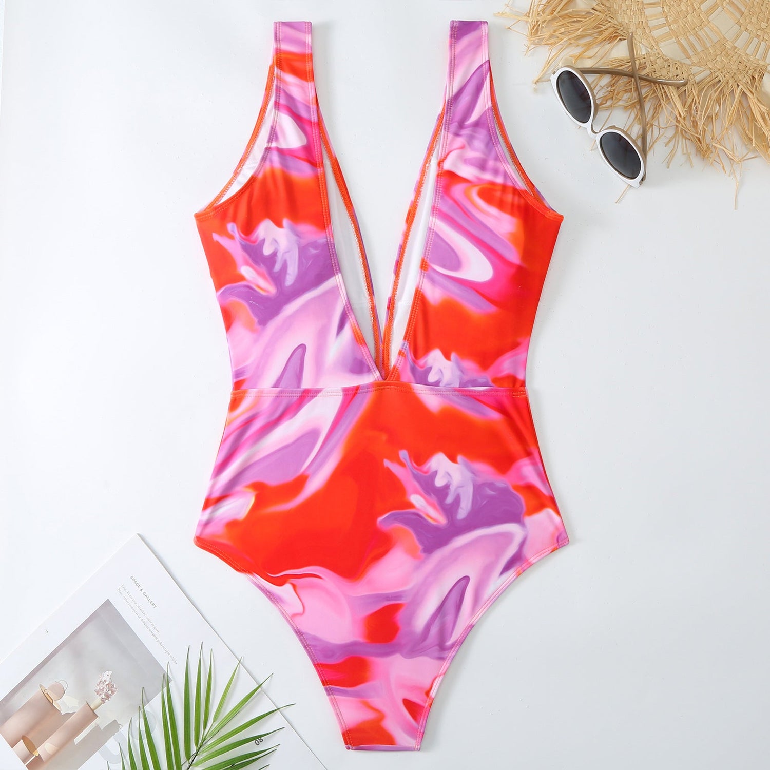 Retro One Piece Swimsuit Women Deep V Plunge Lace up Chiffon Skirt Set