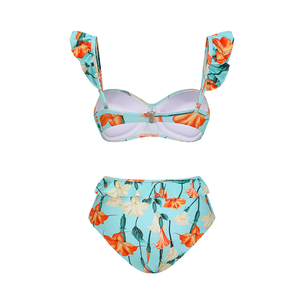 Split Bikini Lotus Sleeve High Waisted Trousers Sexy Slimming Swimsuit Women