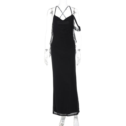 Women Clothing Summer French Sexy Low Cut Solid Color Sling Backless Dress