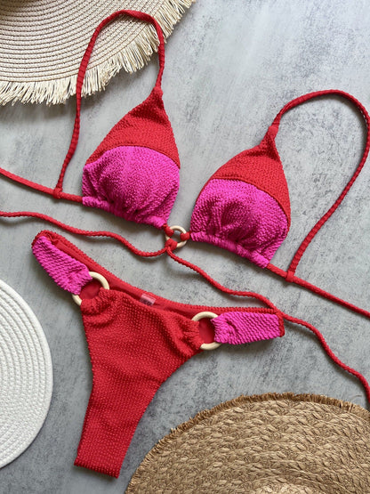 Rib Fabric Stitching Solid Color Bikini Sexy Backless Split Swimsuit Nylon Bikini