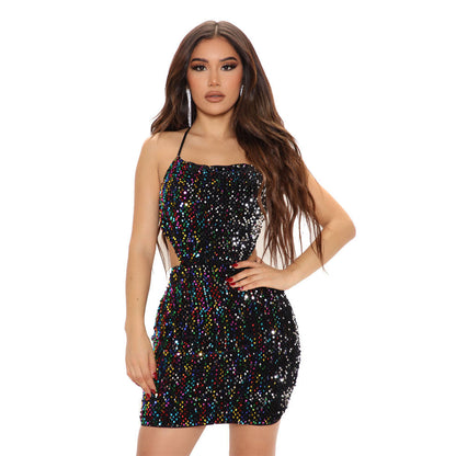 Women Autumn Winter Sling Backless Lace up Sequined Skinny Sheath Evening Dress Sexy Dress