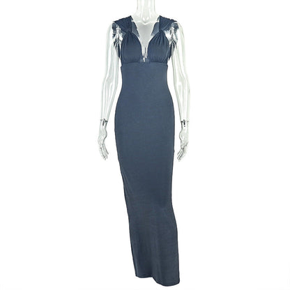Solid Color Casual Women Pleated Corset Hip Dress Waist V neck Halter Maxi Dress Tide