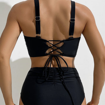 Bikini Solid Color Wrinkle High Waist Sexy Bikini Split Swimsuit Swimwear