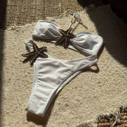 Solid Color Starfish Affixed Cloth Embroidered Sexy Lacing Split Swimsuit Bikini