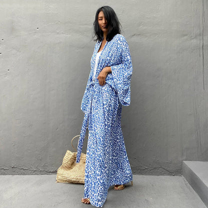 Leopard Print Long Cardigan Loose Beach Sun Protection Coat Beach Cover Up Swimsuit Outwear Women
