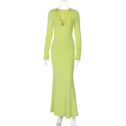 Women Clothing Summer Solid Color Deep U High Waist Fishtail Dress Long Sleeve Dress