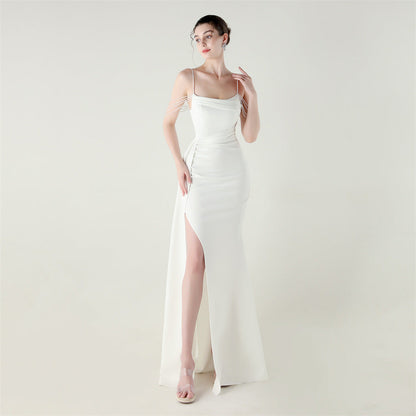 Bandeau Sling Satin Craft Beaded Chain Fishtail Evening Dress Dinner Wedding Ball