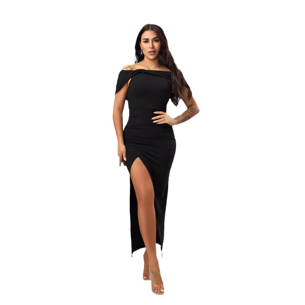 Maxi Dress Autumn Solid Color Off Neck Tight Sexy Slit Dress