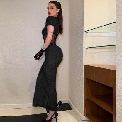 Women Clothing Sexy round Neck Slim Fit Slimming See through Split Short Sleeve Elegant Dress