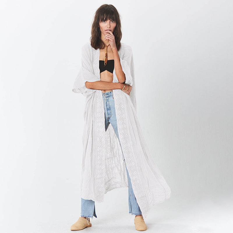 Rust Red Lace Cardigan Loose Beach Sun Protection Coat Beach Cover Up Swimsuit Outwear Women