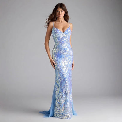 Women Party V neck Blue Sequined Sexy Dress Evening Dress