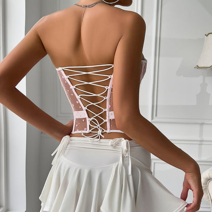 Sexy Women Clothing Spring Summer Pink with Dots Sexy Boning Corset Waist Shaping Wrapped Chest Vest