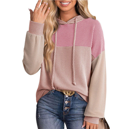 Autumn Winter Twist Strip Color Matching Long Sleeve Hoodie Loose Sweater
