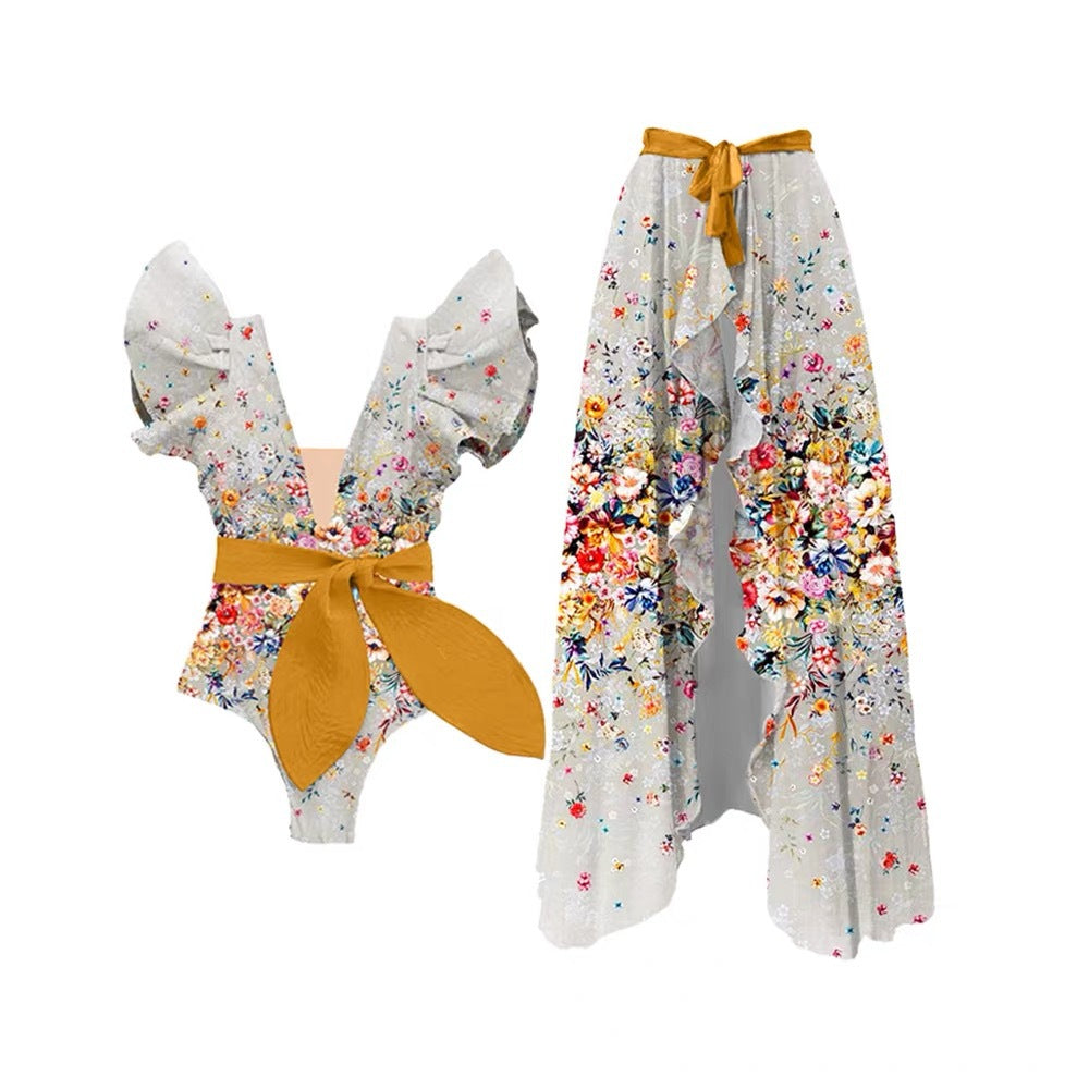 Bow Printing One Piece Women Swimwear French Retro Cover Belly Slimming Swimsuit