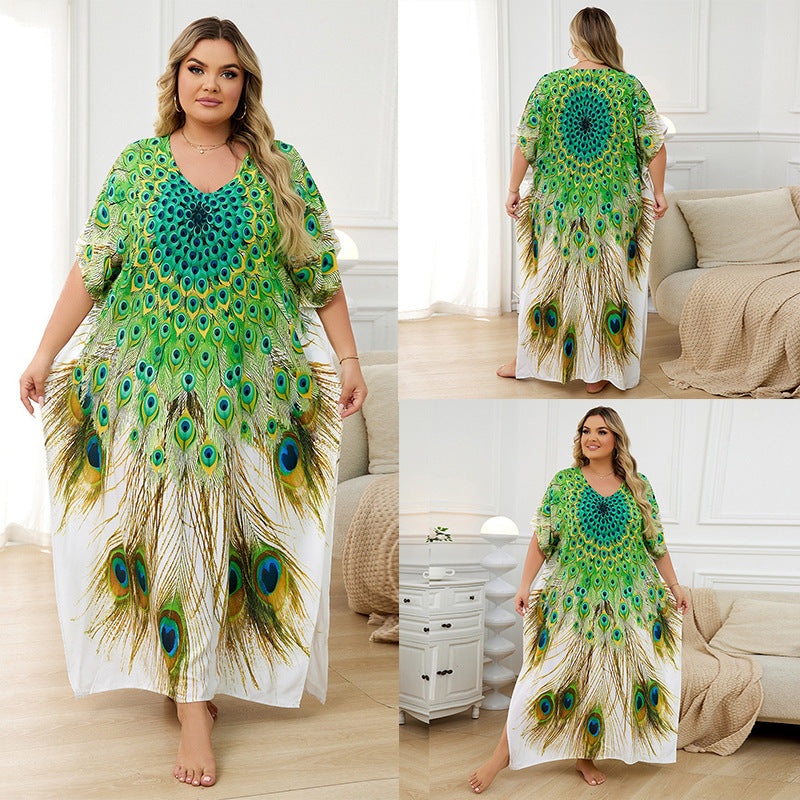 Rayon Positioning Print Holiday Loose Robe Beach Jacket Dress Bikini Cover up Blouse