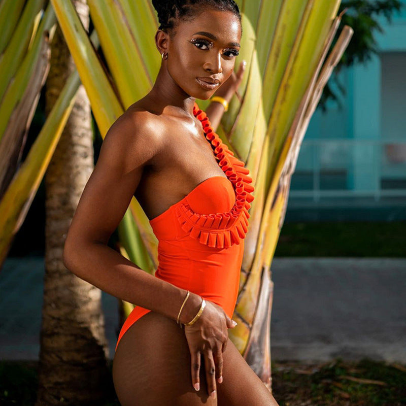 Solid Color Sexy One Piece Swimsuit Women Vacation Beach Swimsuit
